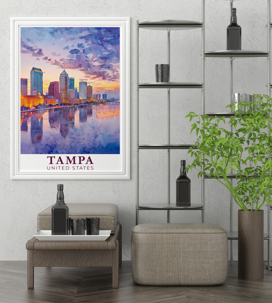 Tampa Skyline Sunset City Watercolor River Reflection Art Poster - Image 2