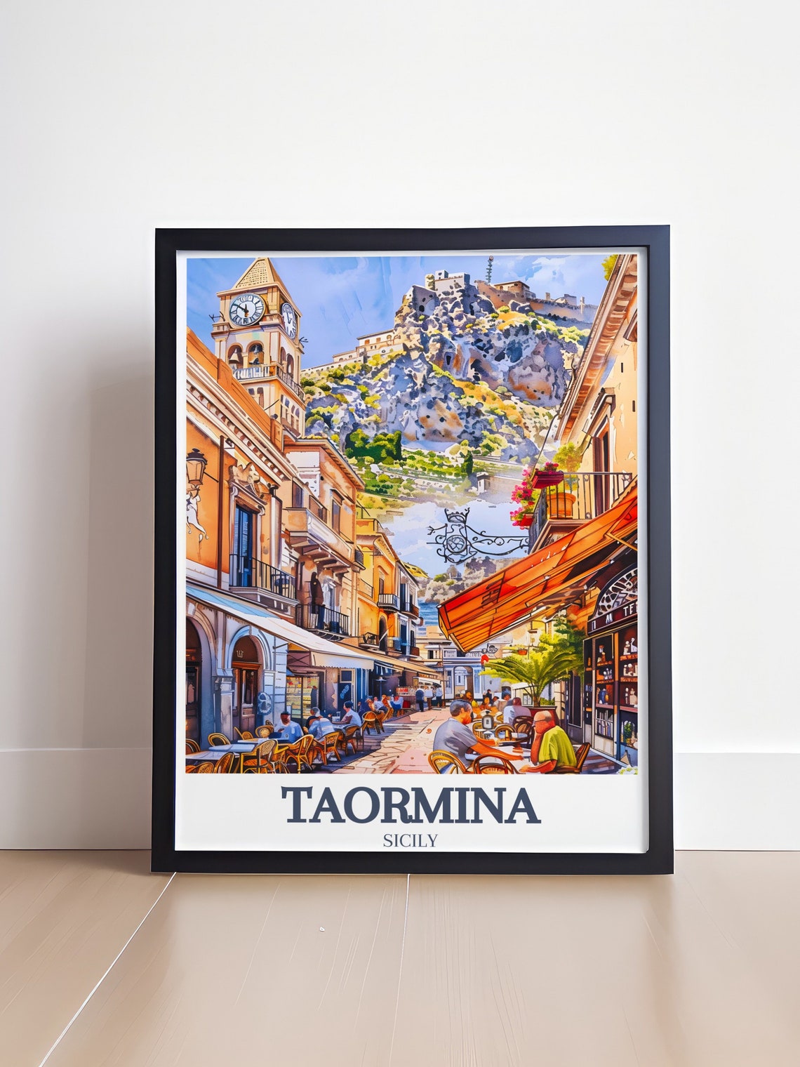 Taormina Corso Umberto Street Cafes Clock Tower Sicily Poster - Image 4