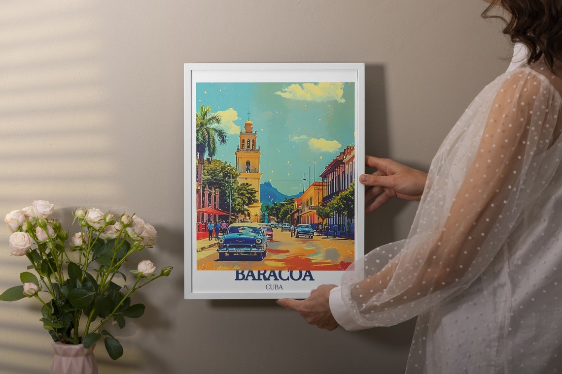 Baracoa Cuba Historic Cathedral Classic Cars Vibrant Street Poster - Image 3