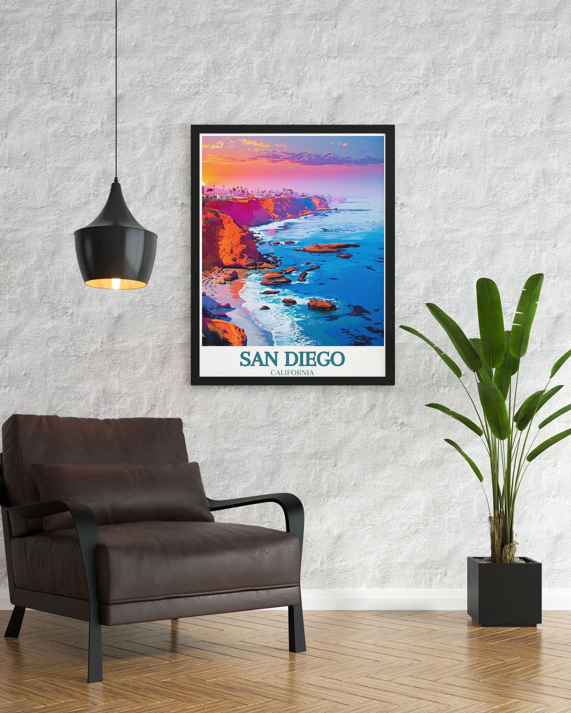 San Diego California Rocky Coastline Sunset Travel Scene Poster - Image 3