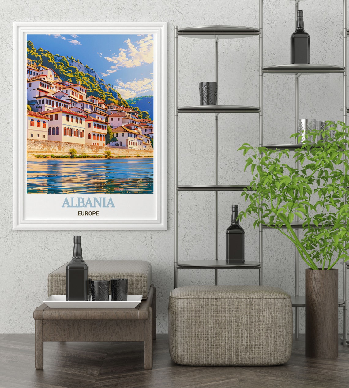 Albania Berat White Ottoman Hillside Houses River Travel Poster - Image 3