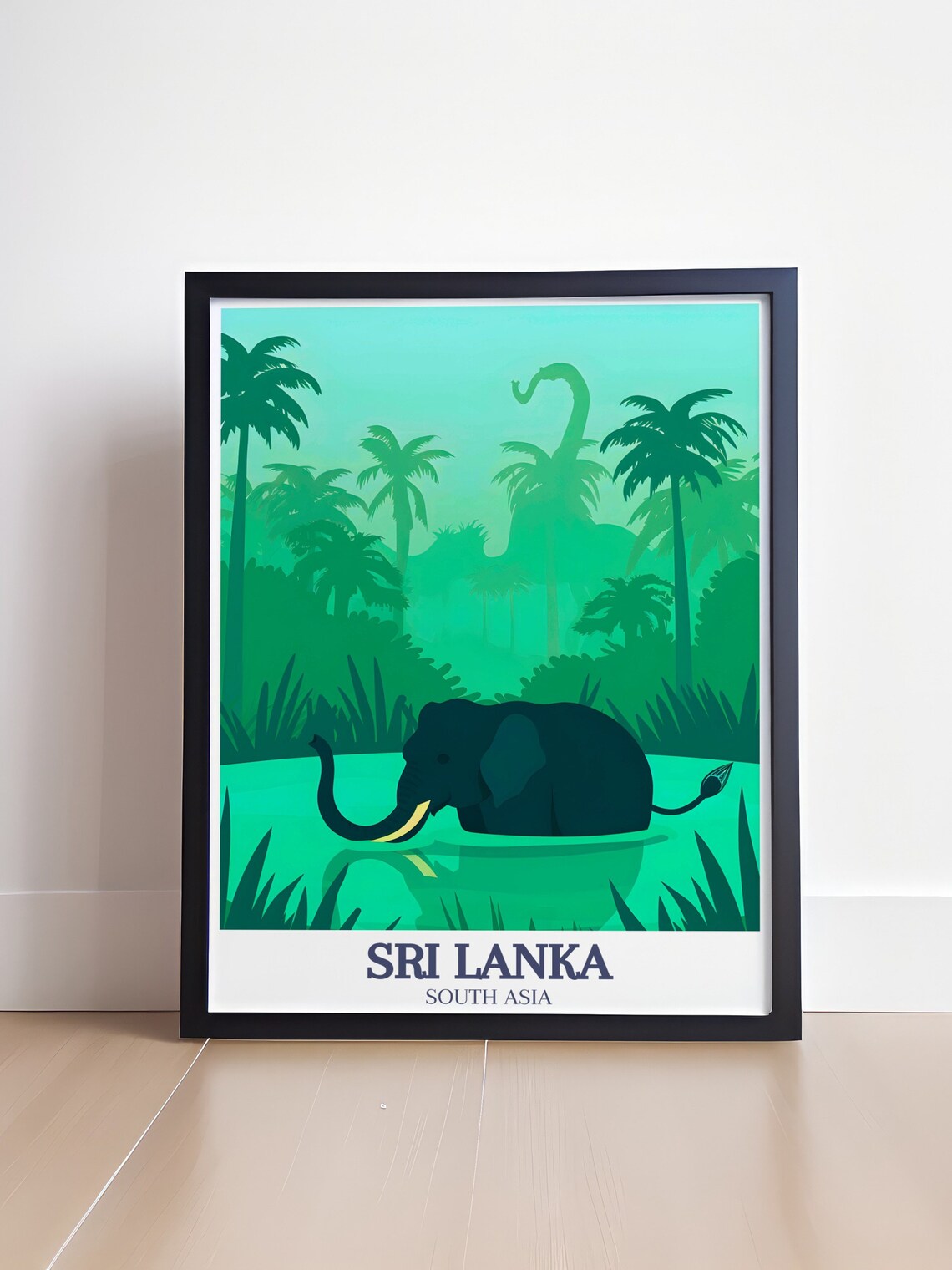Sri Lanka Elephant River Jungle Emerald Silhouette Travel Art Poster - Image 4