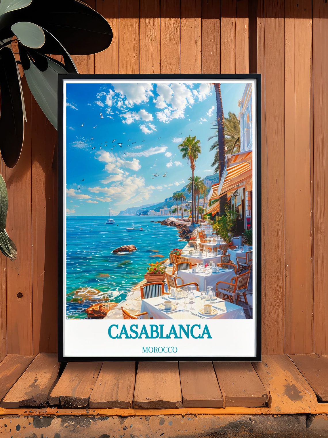 Casablanca Morocco Seaside Terrace White Tables Turquoise Sea Poster - Image 2
