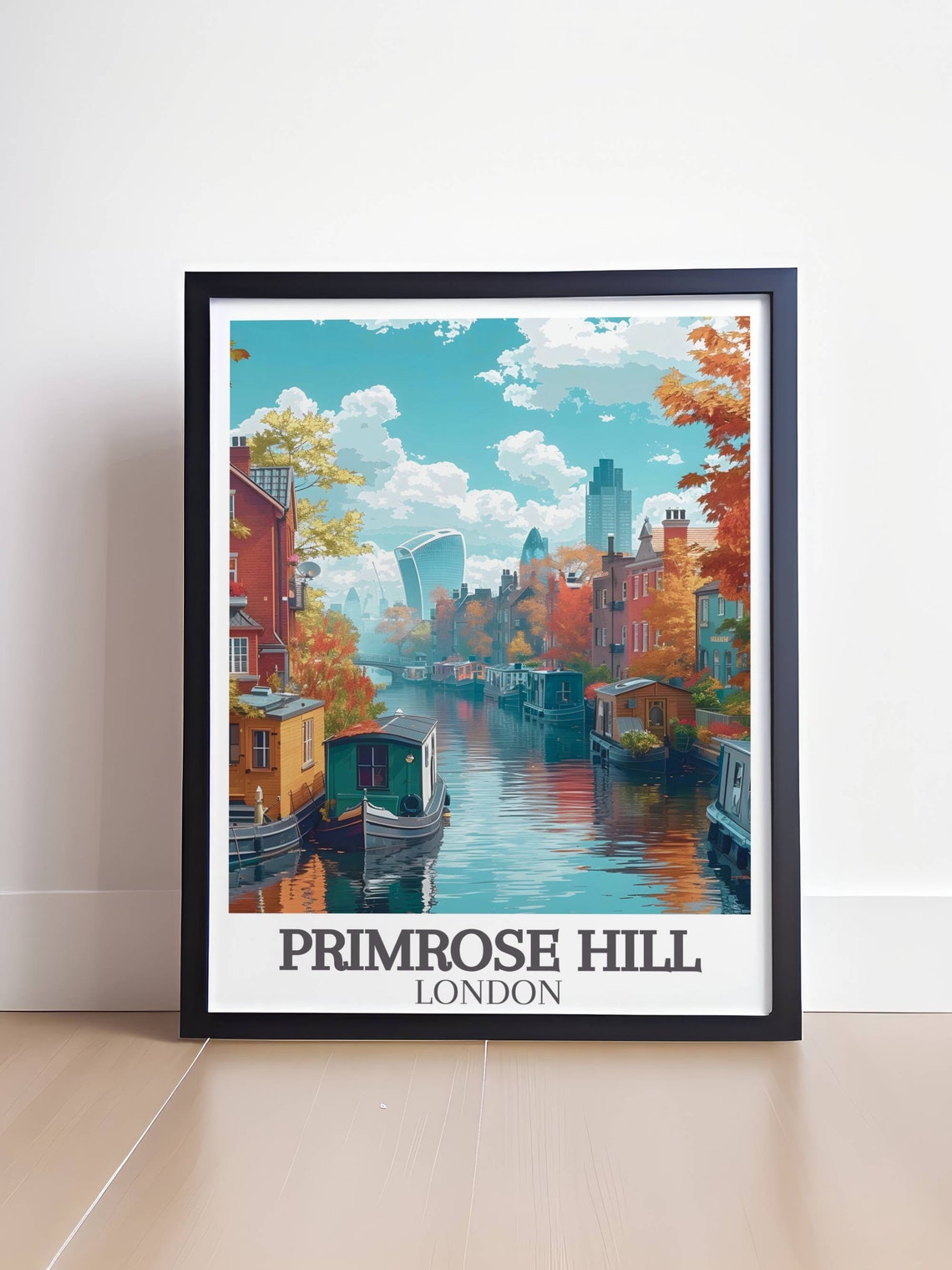 Primrose Hill London Canal Narrowboats And City Skyline Poster - Image 4