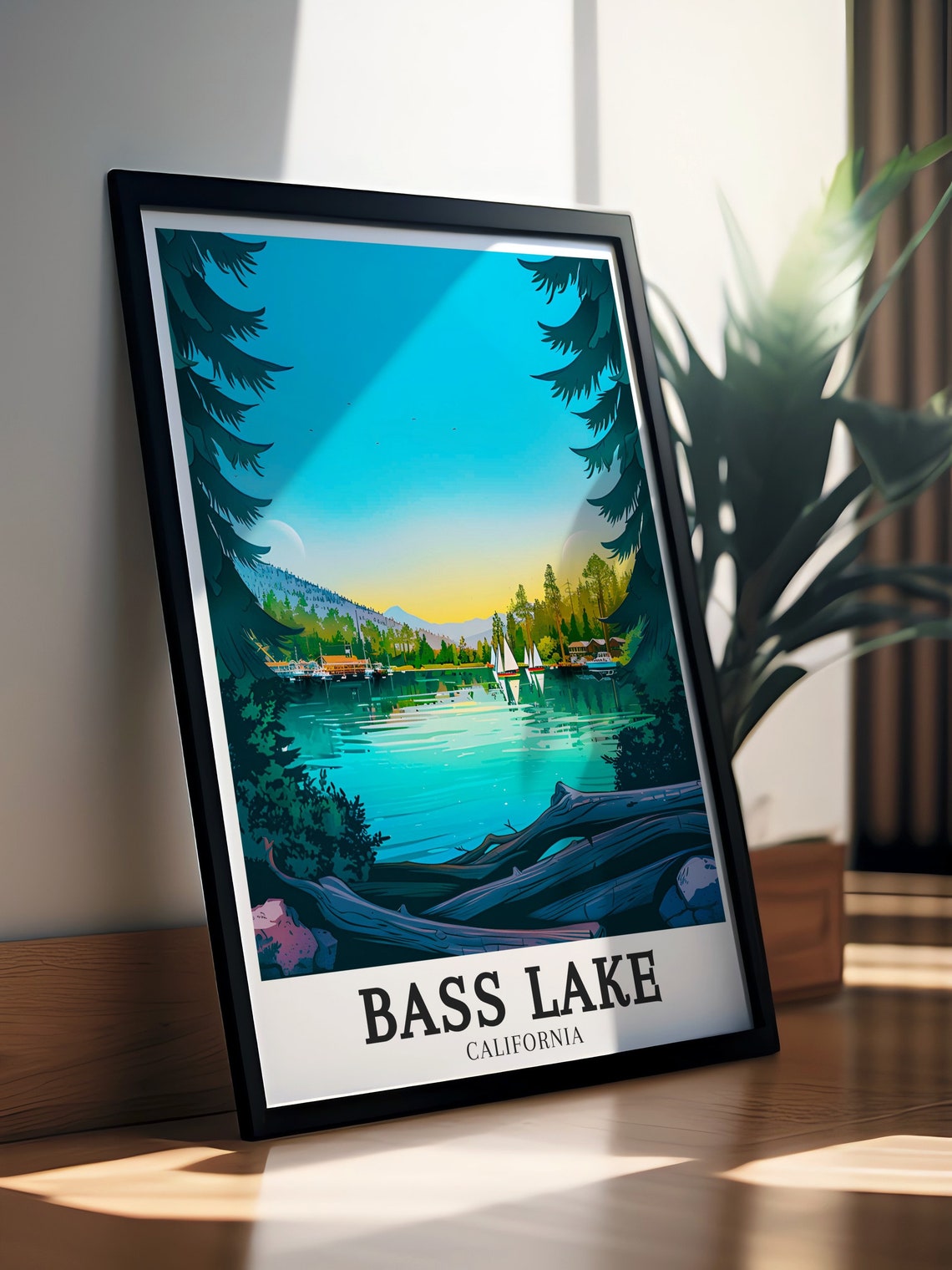 Bass Lake Travel Print The Pines Resort Sierra Nevada Mountains Poster Sierra Nevada Mountains Art Bass Lake Travel Poster - Image 3