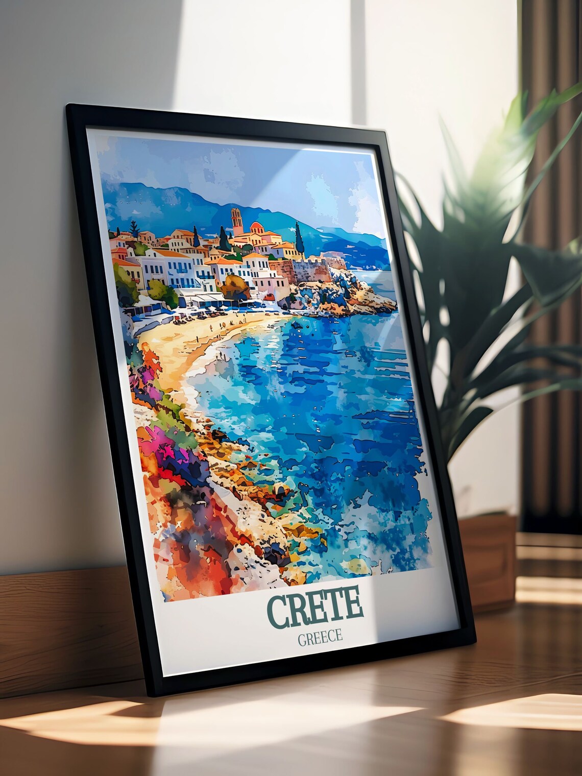 Crete Greece Coastal Town Bay Church Tower Watercolor Poster - Image 2
