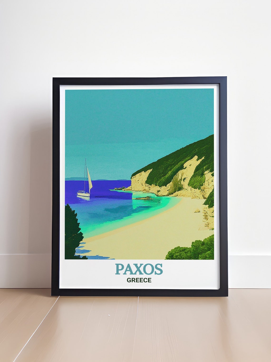 Paxos Greece Erimitis Beach Sailboat White Cliffs Turquoise Poster - Image 4