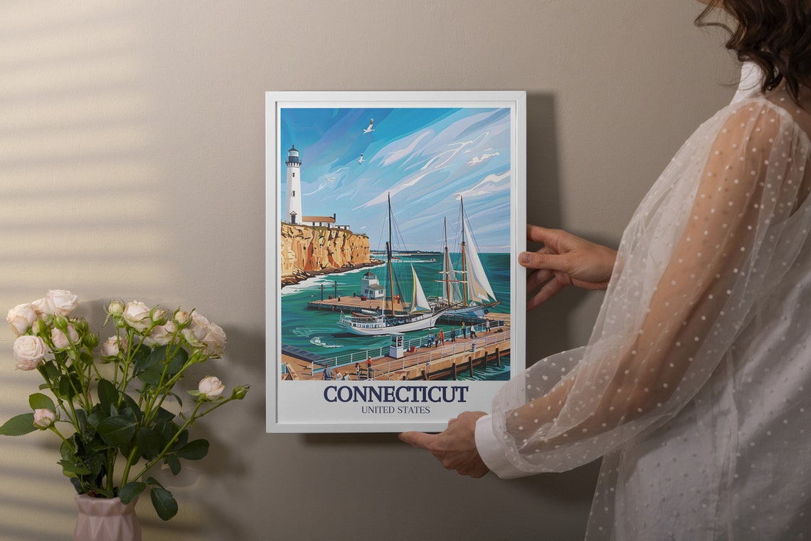 Connecticut Cliff Lighthouse Sailboats Harbor Summer Travel Poster - Image 2