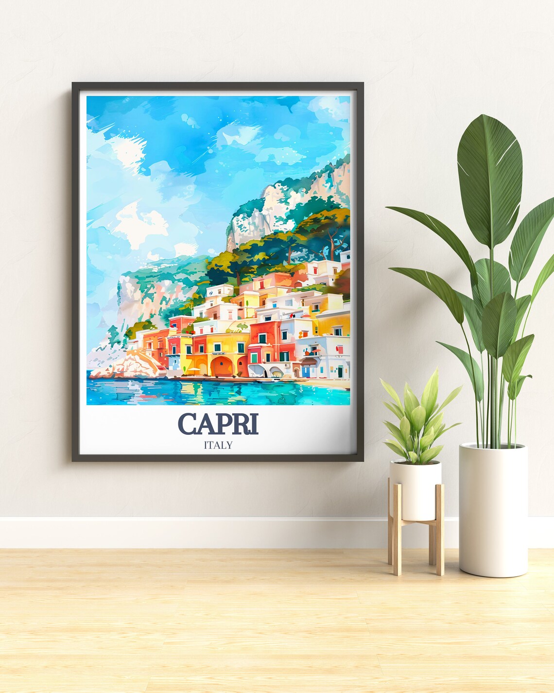 Capri Italy Colorful Seaside Cliff Houses Watercolor Travel Poster - Image 3