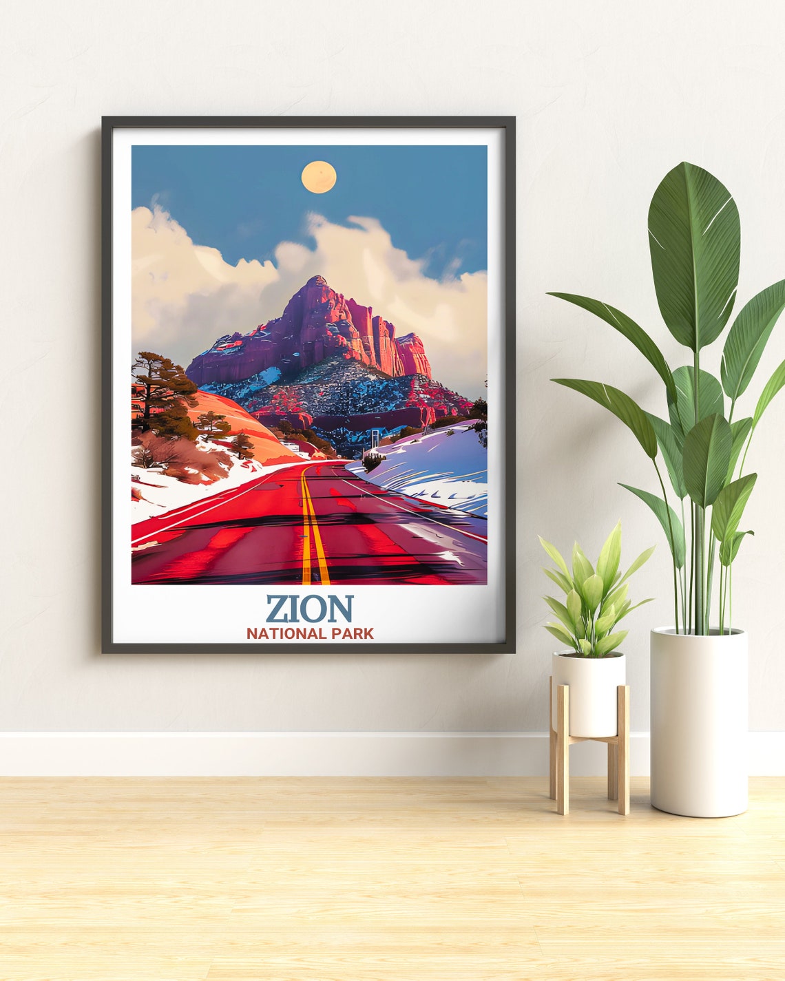 Zion National Park Snowy Scenic Drive With Moon Red Rock Poster - Image 2