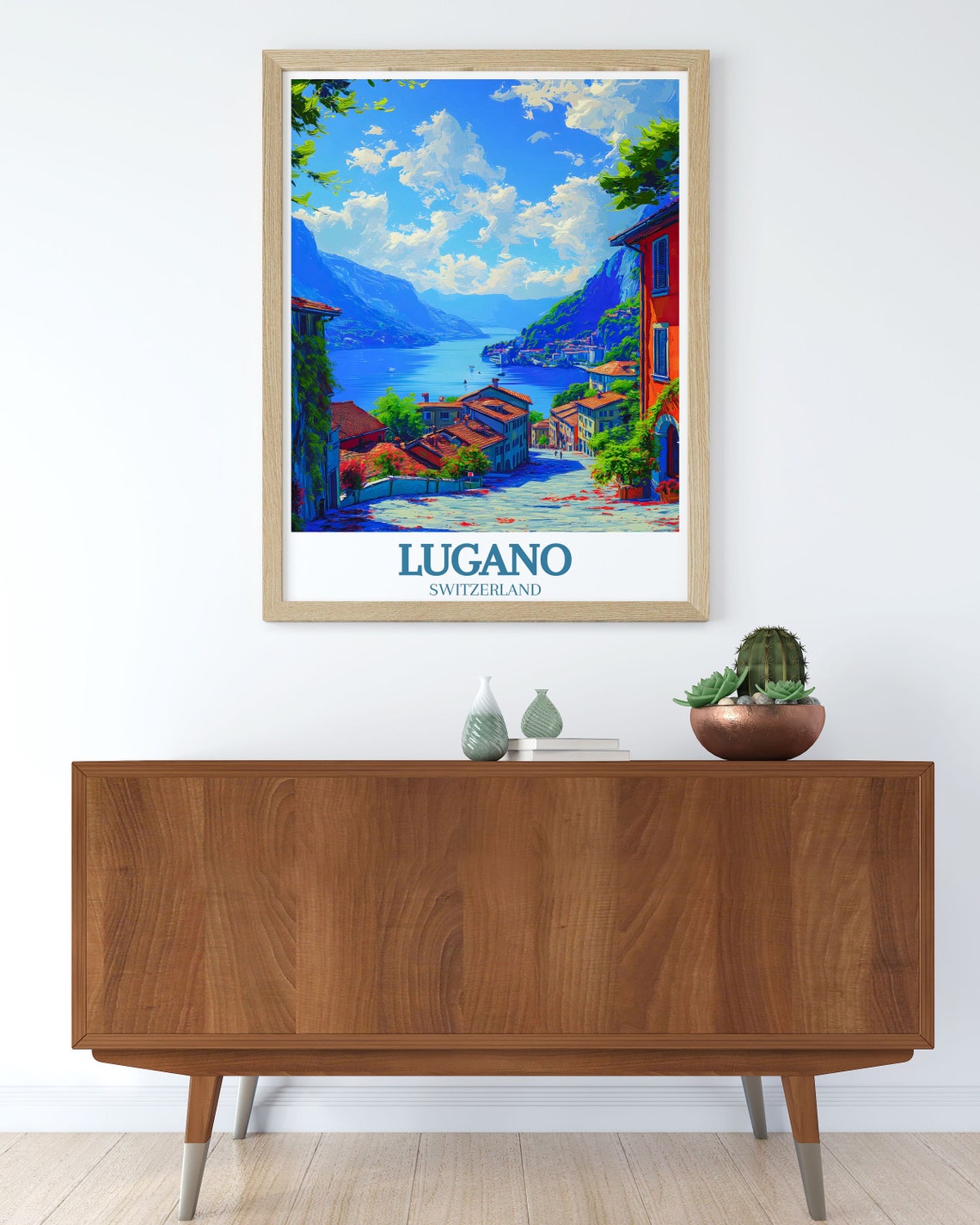 Lugano Switzerland Lakeside Village Street And Mountains Poster - Image 3