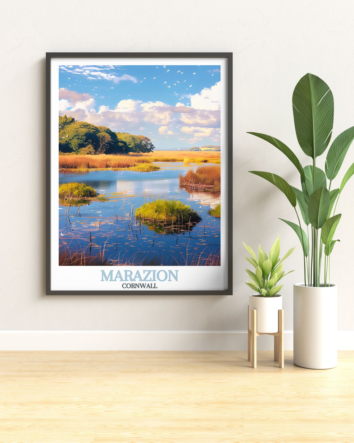 Marazion Cornwall Marsh Wetlands Reflecting Sky Travel Poster - Image 2