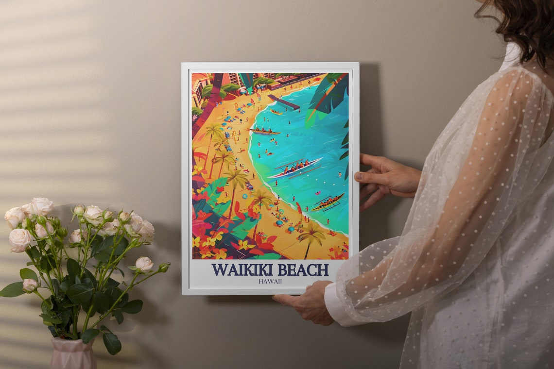 Waikiki Beach Hawaii Surf Canoes Palm Trees Colorful Beach Poster - Image 2