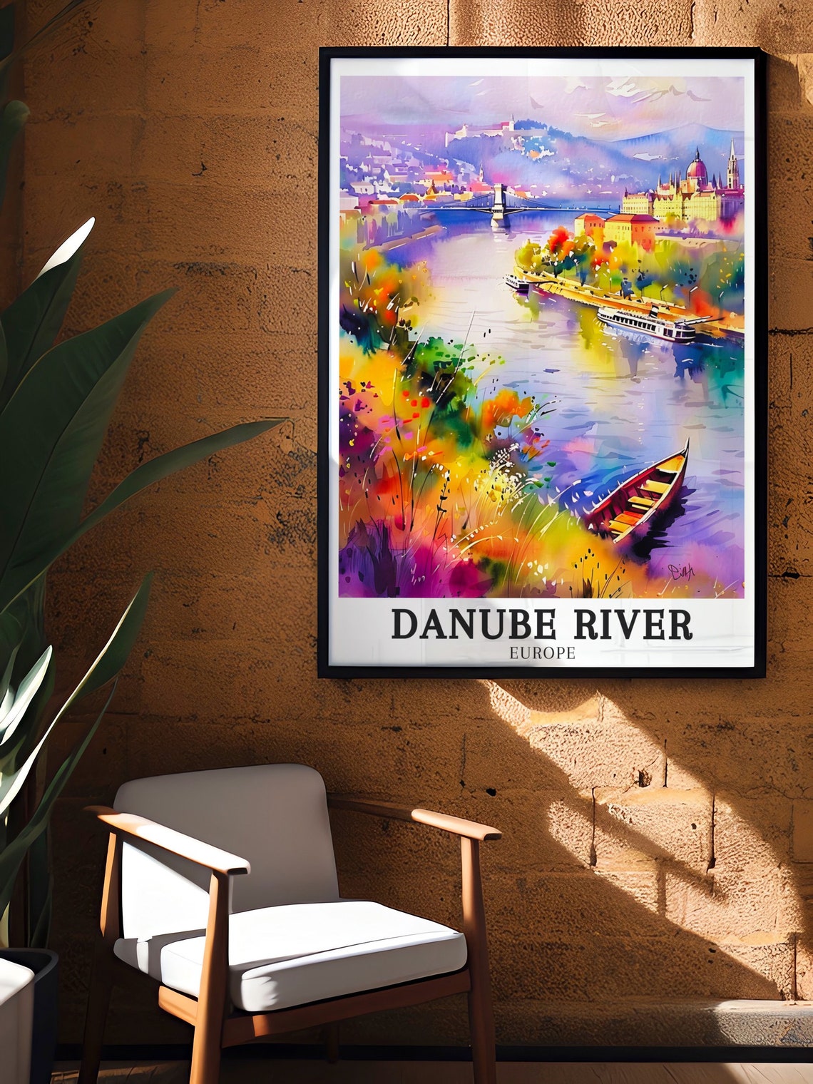 Danube River Budapest Watercolour Riverside Boats Scene Poster - Image 3