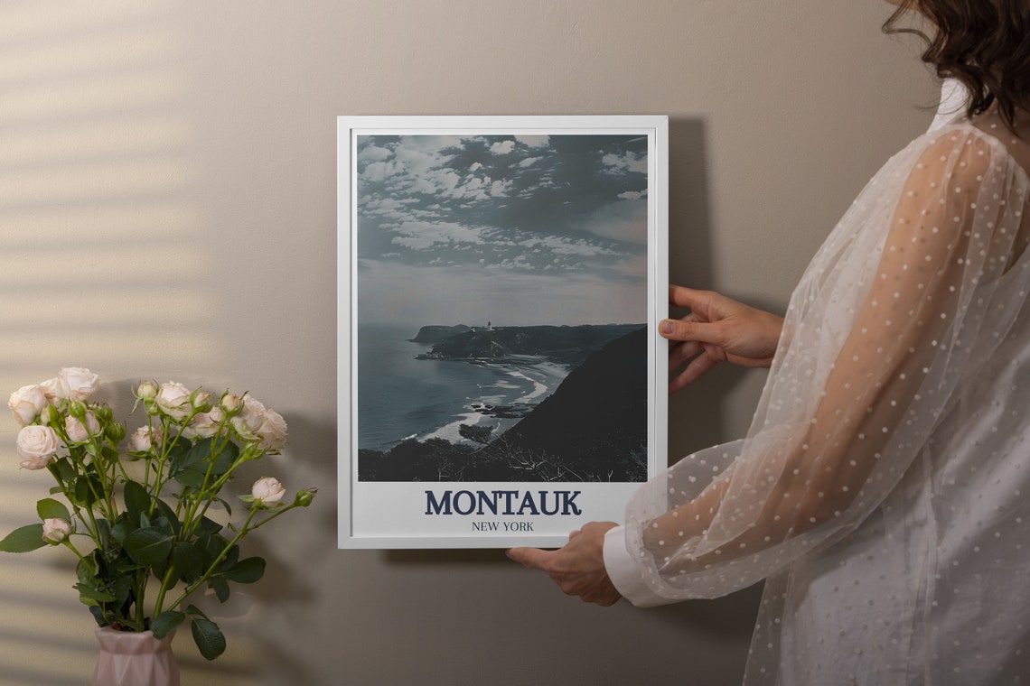 Montauk Moody Coastal Cliffs Lighthouse View Travel Art Poster - Image 3
