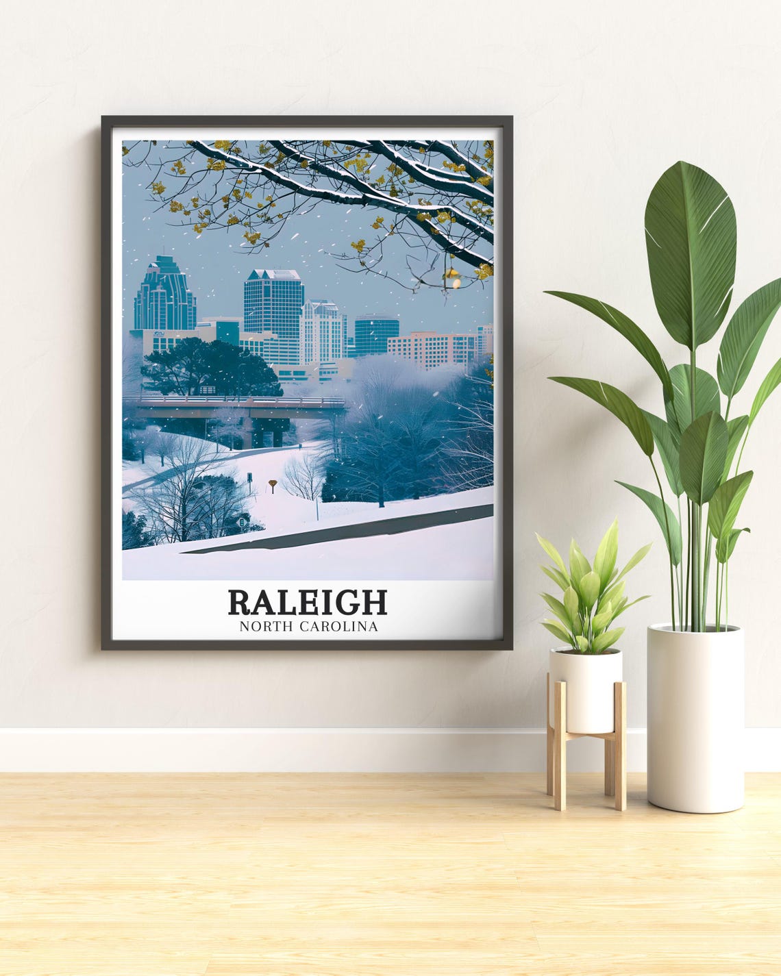 Raleigh North Carolina Snowy Winter Skyline Snowfall Bridge Poster - Image 3