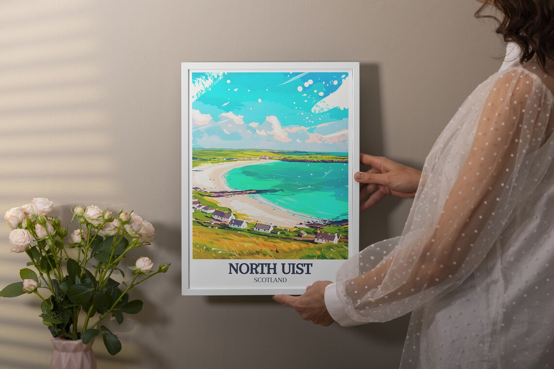 North Uist Turquoise Bay White Sand Beach Cottages Coastal Travel Poster - Image 3