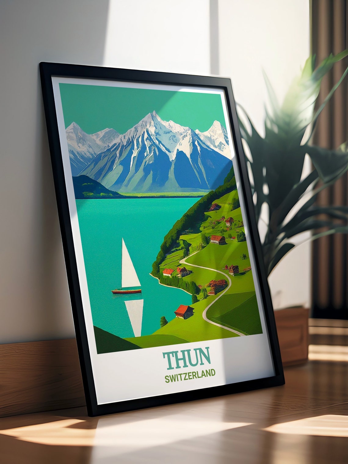 Thun Lake Sailboat Against Snowy Alpine Mountain Peaks Poster - Image 3
