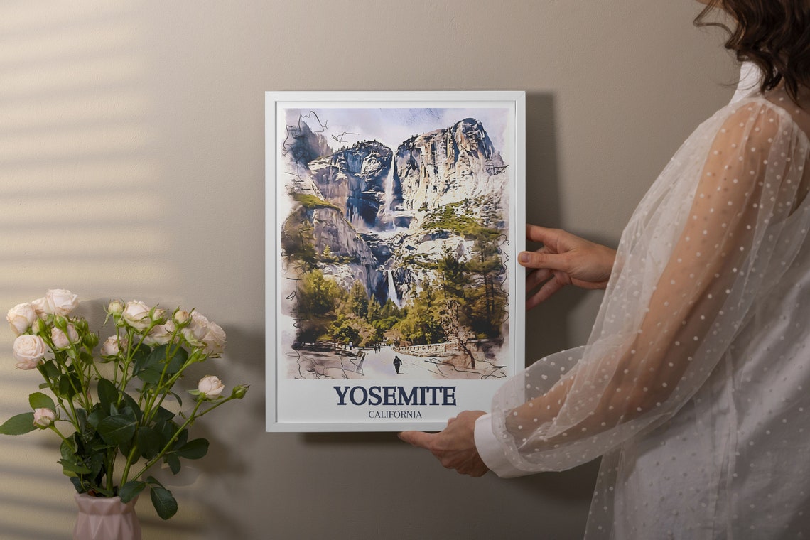 Yosemite California Waterfall Sketch Style Watercolor Travel Poster - Image 2
