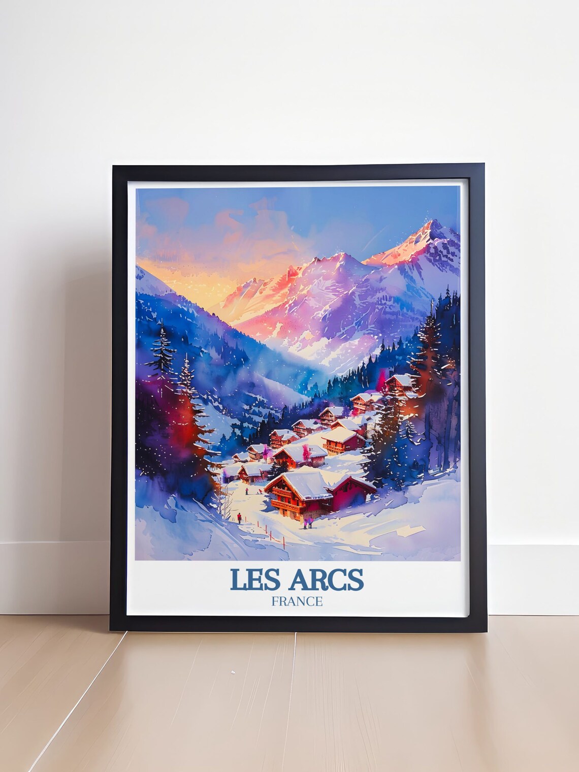 Les Arcs France Alpine Chalets Sunset Watercolor Ski Travel Poster - Image 4