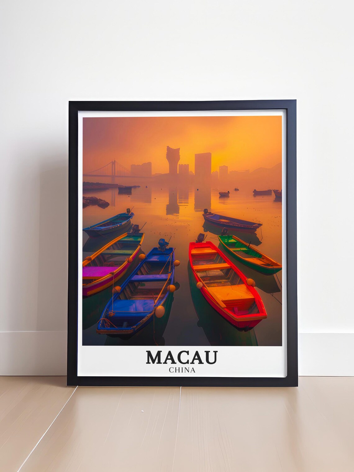 Macau China Colorful Fishing Boats at Golden Harbor Sunrise Poster - Image 4