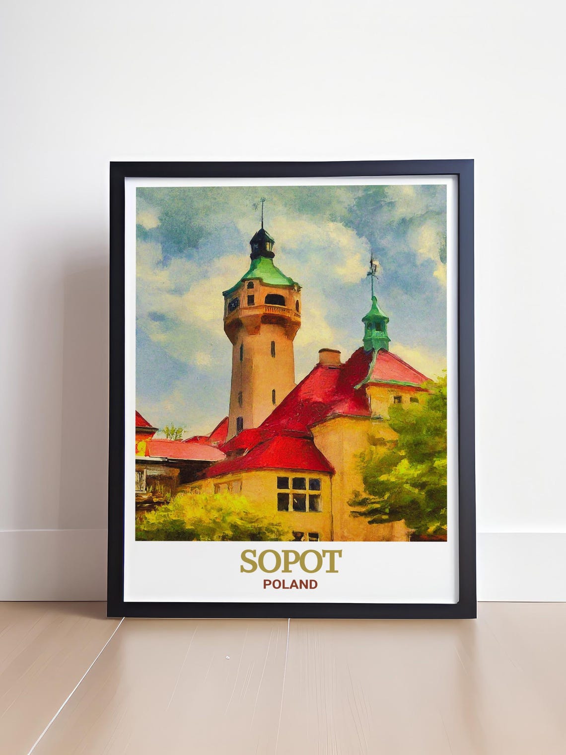 Sopot Poland Lighthouse Poster with Red Roofs in Watercolor Style - Image 4