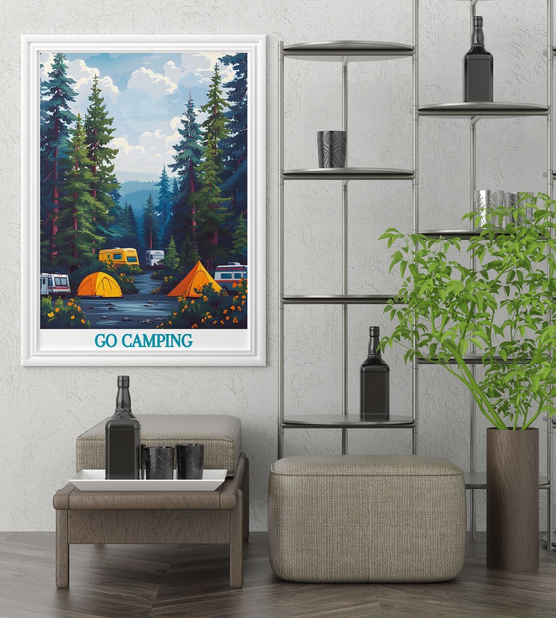 Go Camping Forest Campground Poster Vintage Tents Campers Pines - Image 3