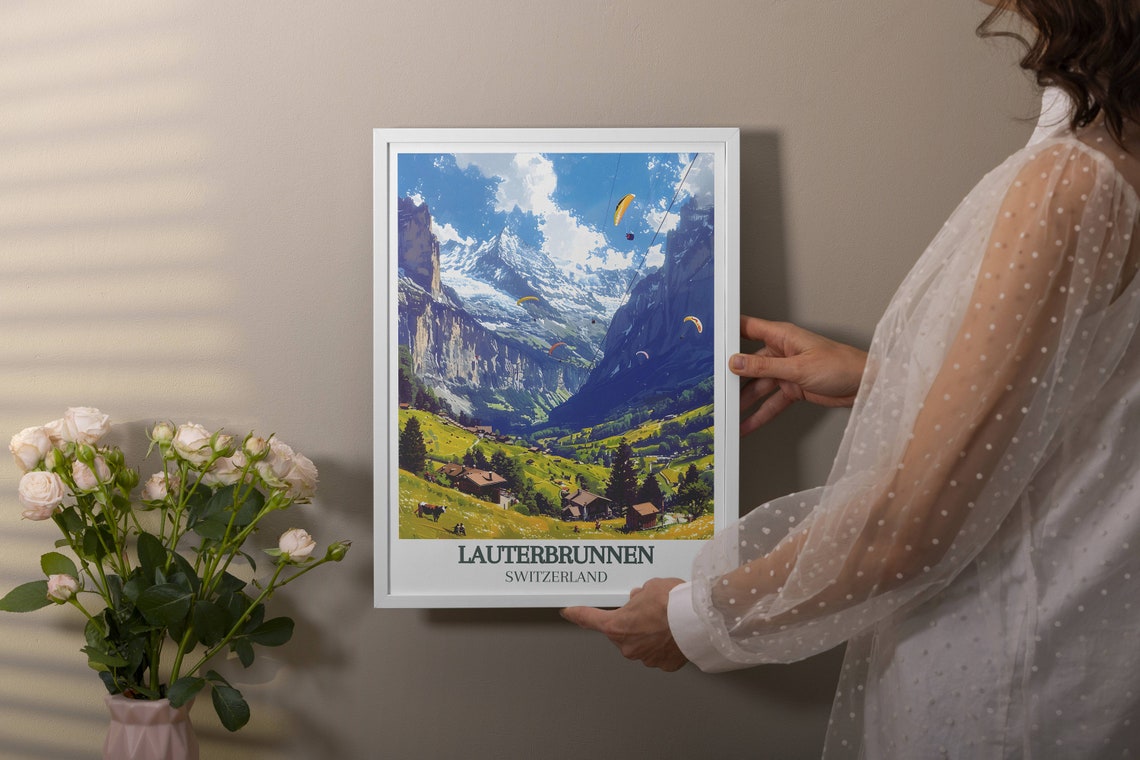 Lauterbrunnen Valley Chalets Snow Peaks Switzerland Travel Poster - Image 3