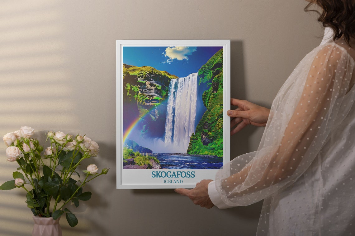 Skogafoss Waterfall Iceland Rainbow Cascade Dramatic Travel Poster - Image 3