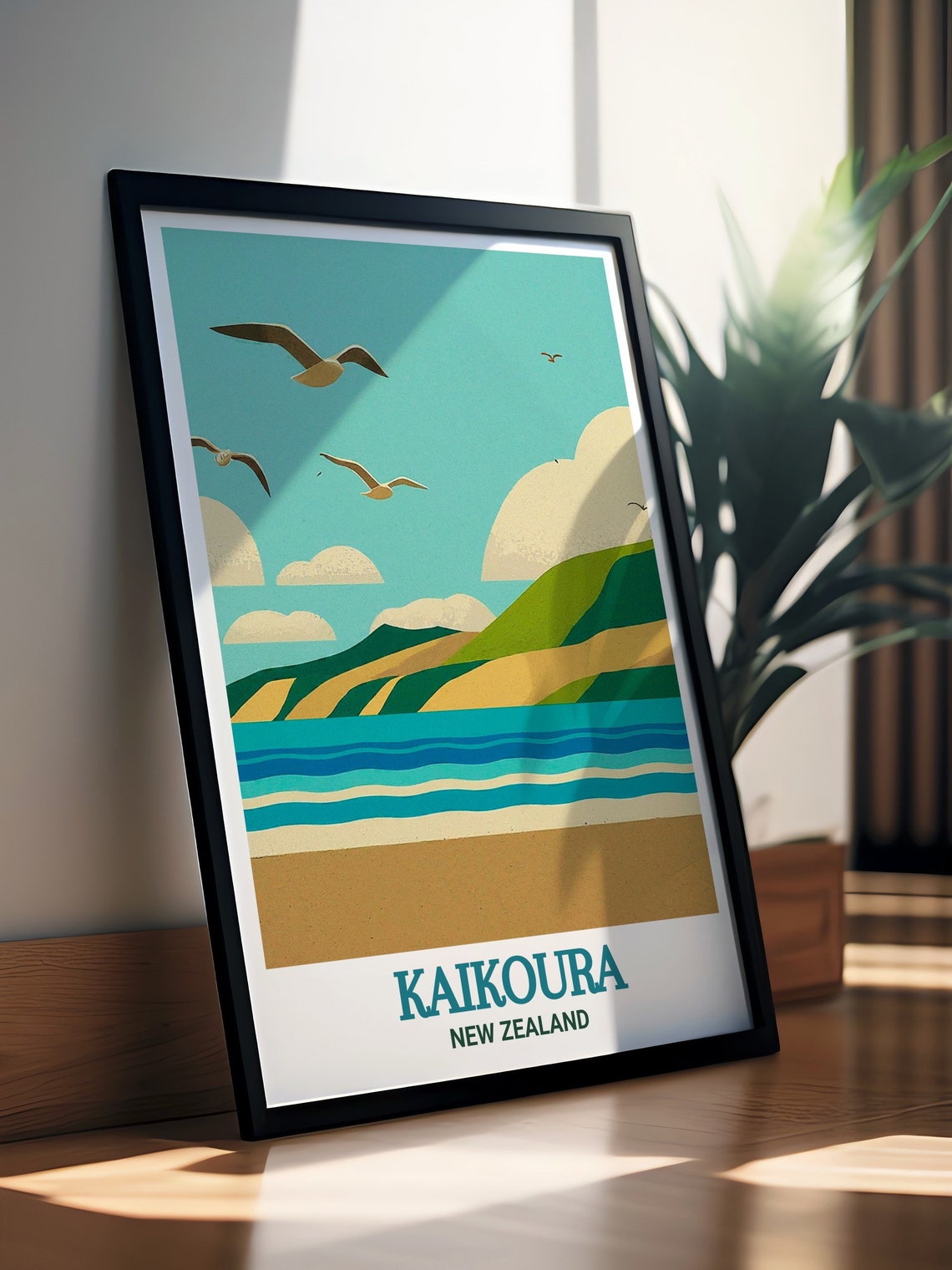 Kaikoura Beach Seagulls Turquoise Waves New Zealand Coastal Poster - Image 3