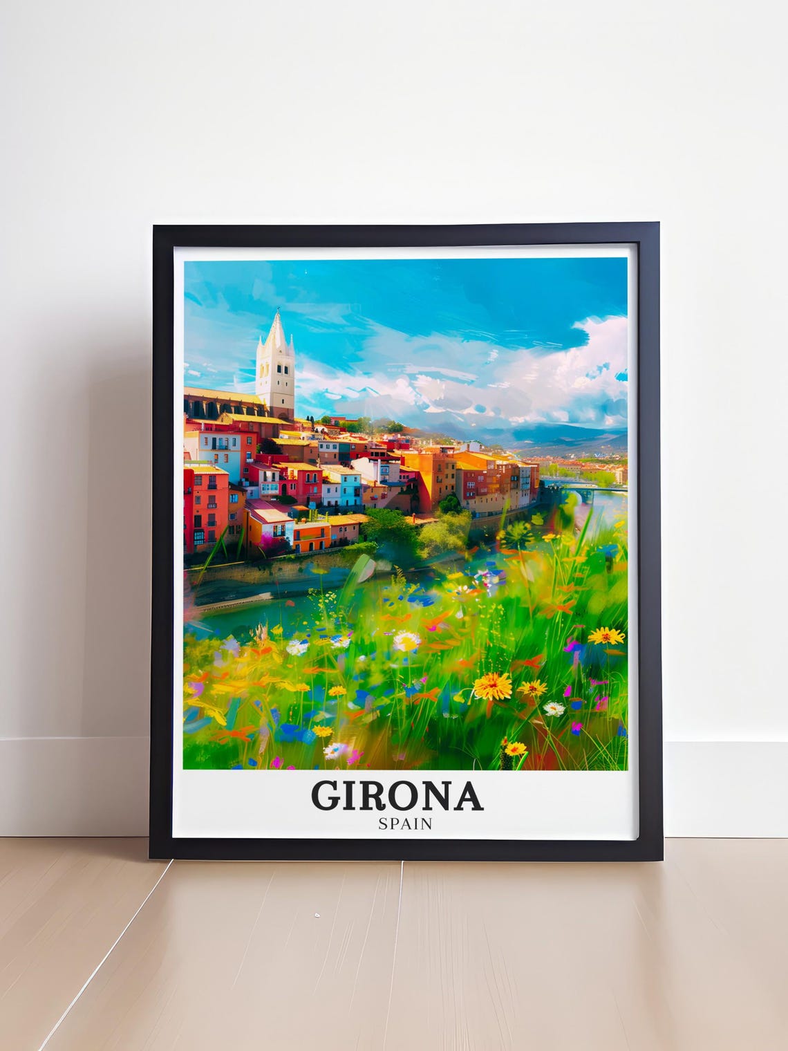 Girona Spain Riverside Houses Wildflowers Colorful Travel Poster - Image 4