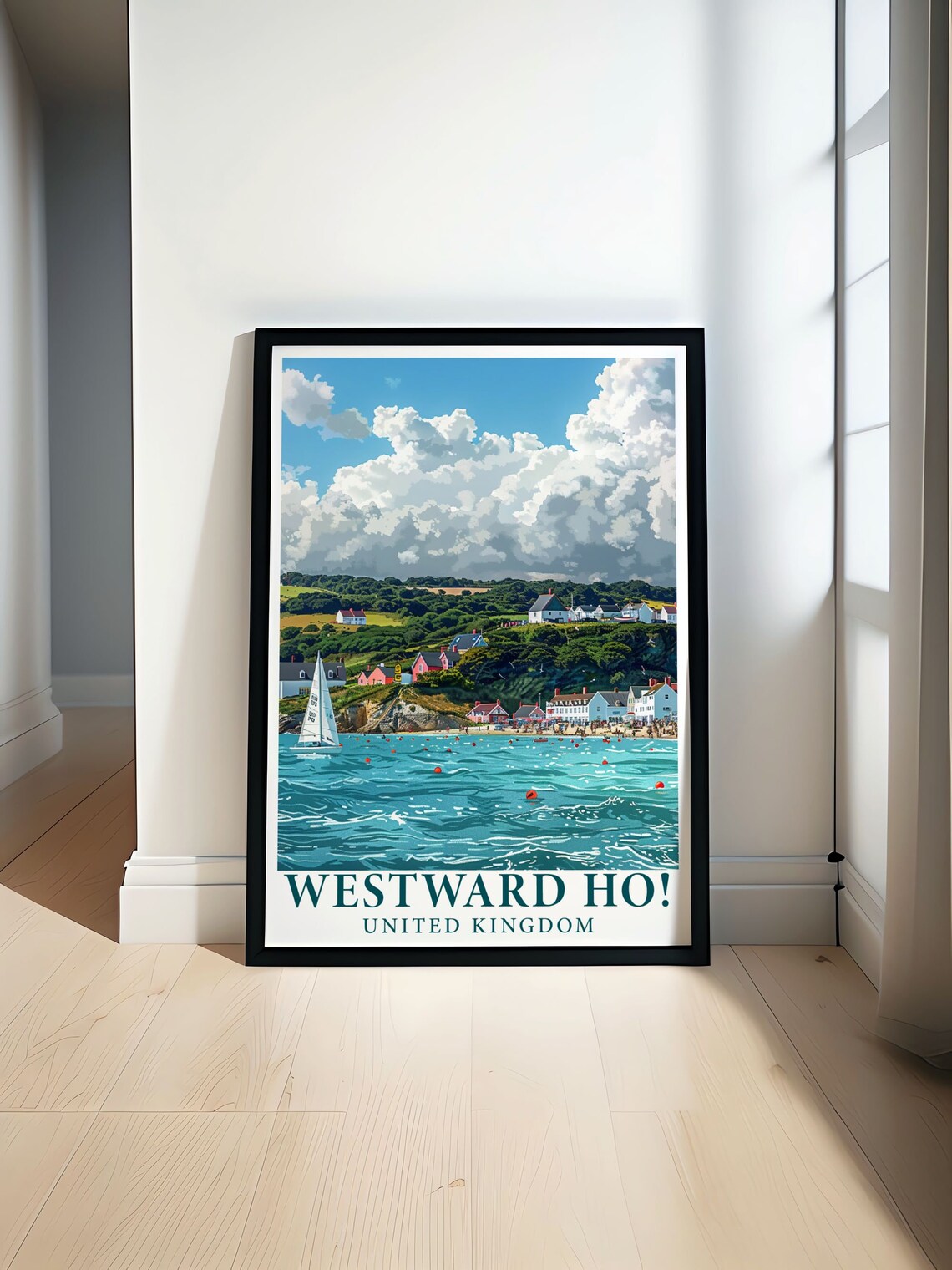 Westward Ho Seaside Village with Sailboat on Turquoise Sea Poster
