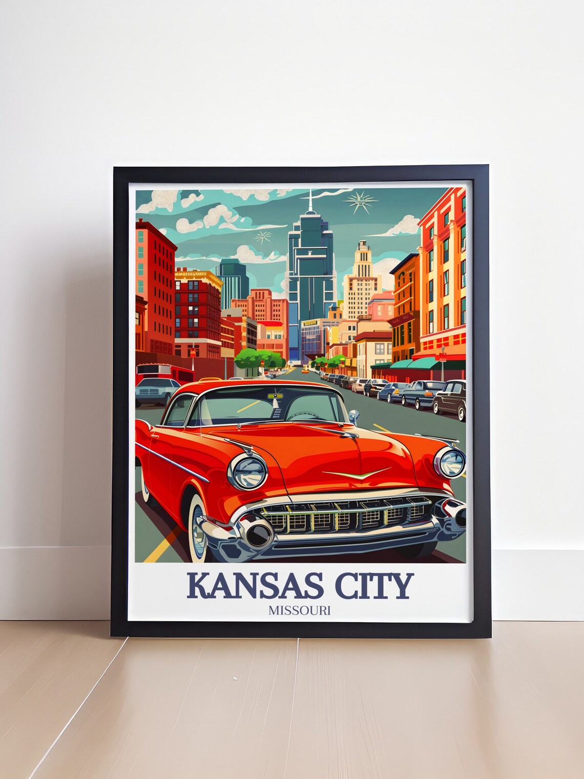 Kansas City Missouri Retro Red Classic Car Downtown Street Poster - Image 4