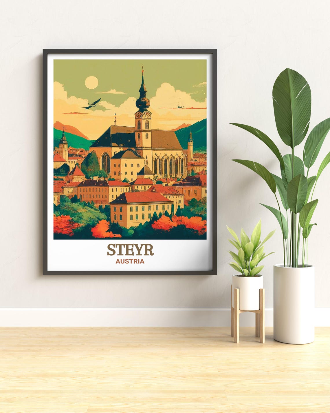 Steyr Austria Parish Church at Sunset Retro Style View Poster - Image 3