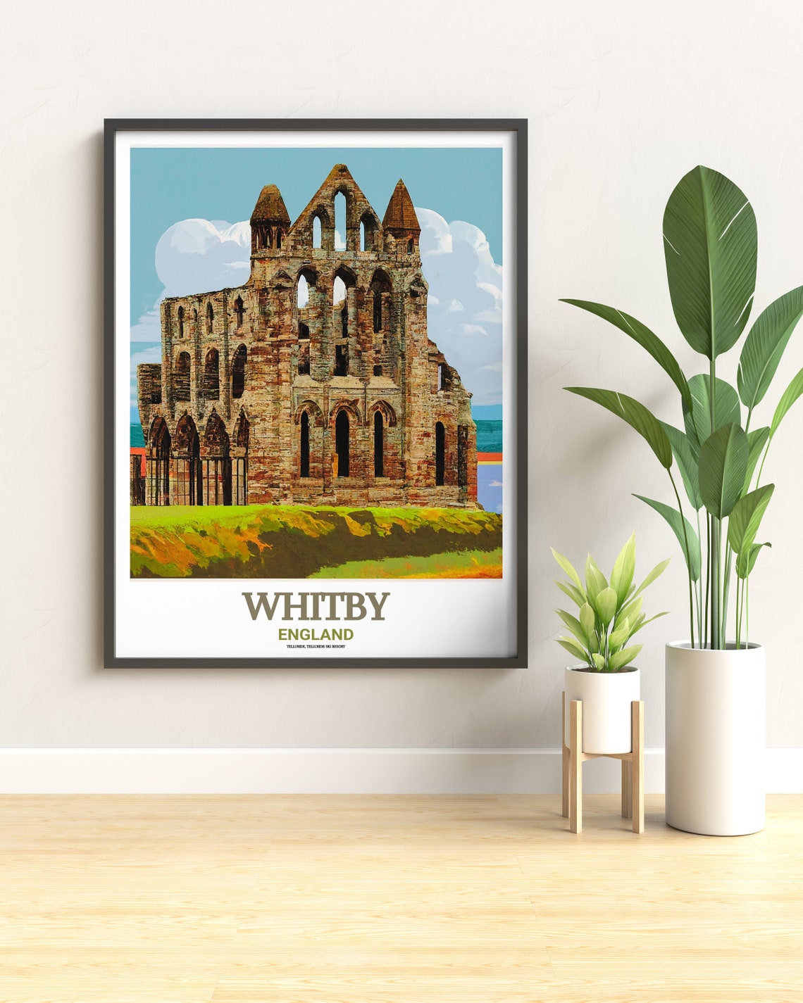 Whitby Abbey Ruins Closeup Stone Facade With Blue Sky Overhead Poster - Image 2