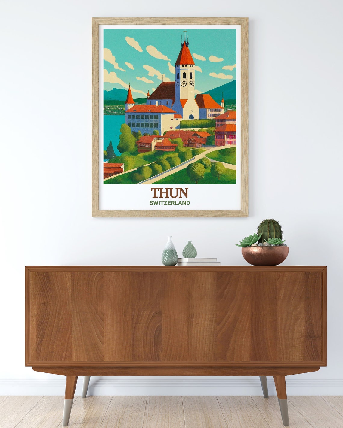 Thun Castle Red Rooftops Above Lakeside Old Town View Poster - Image 2