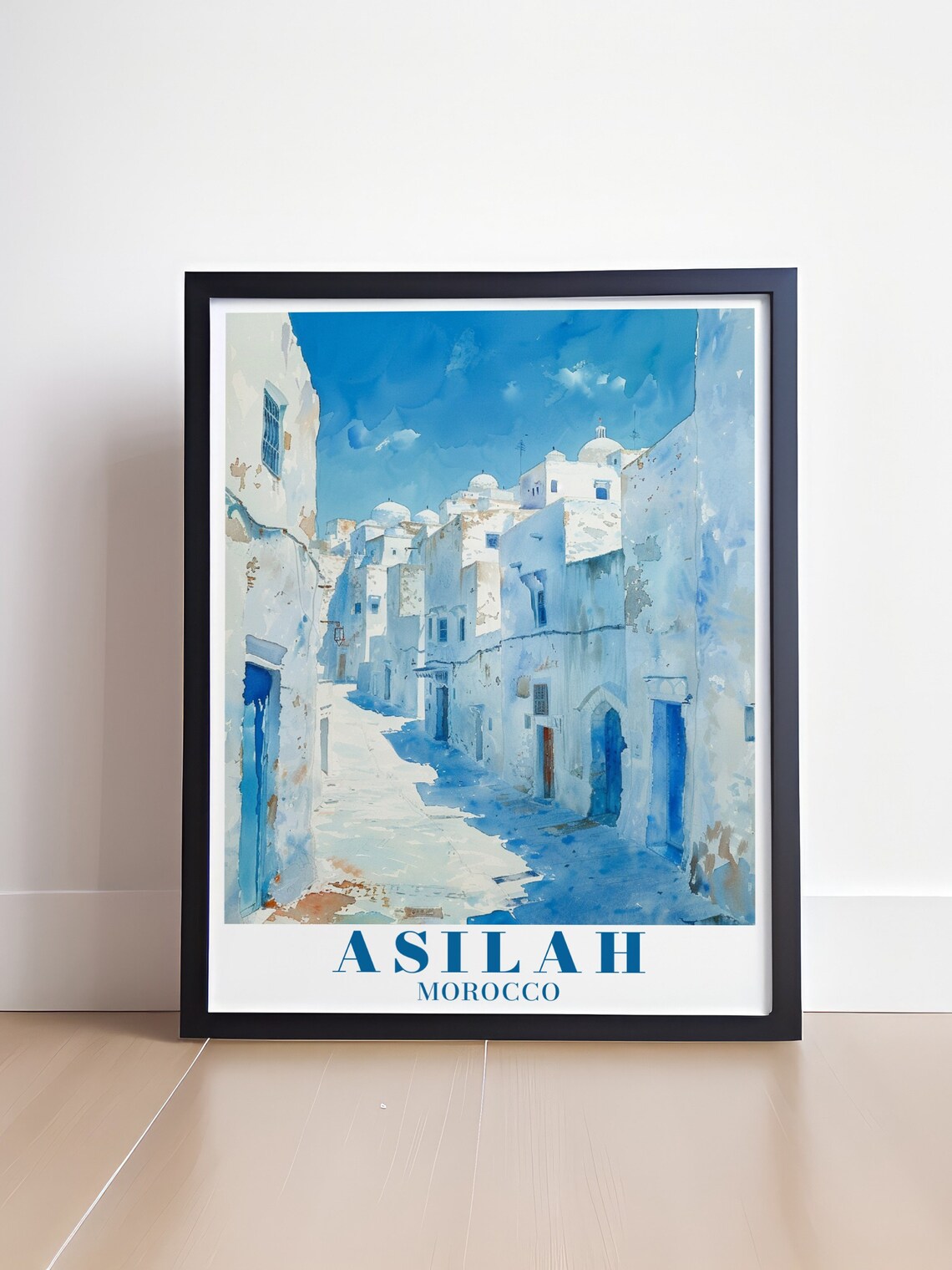 Asilah White Medina Watercolor Blue Shadows Morocco Travel Poster - Image 4