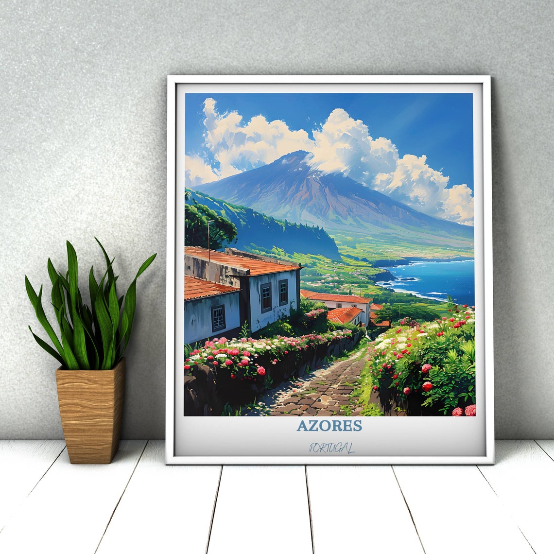 Azores Pico Mountain View Over Flower Lined Village Street Poster - Image 3