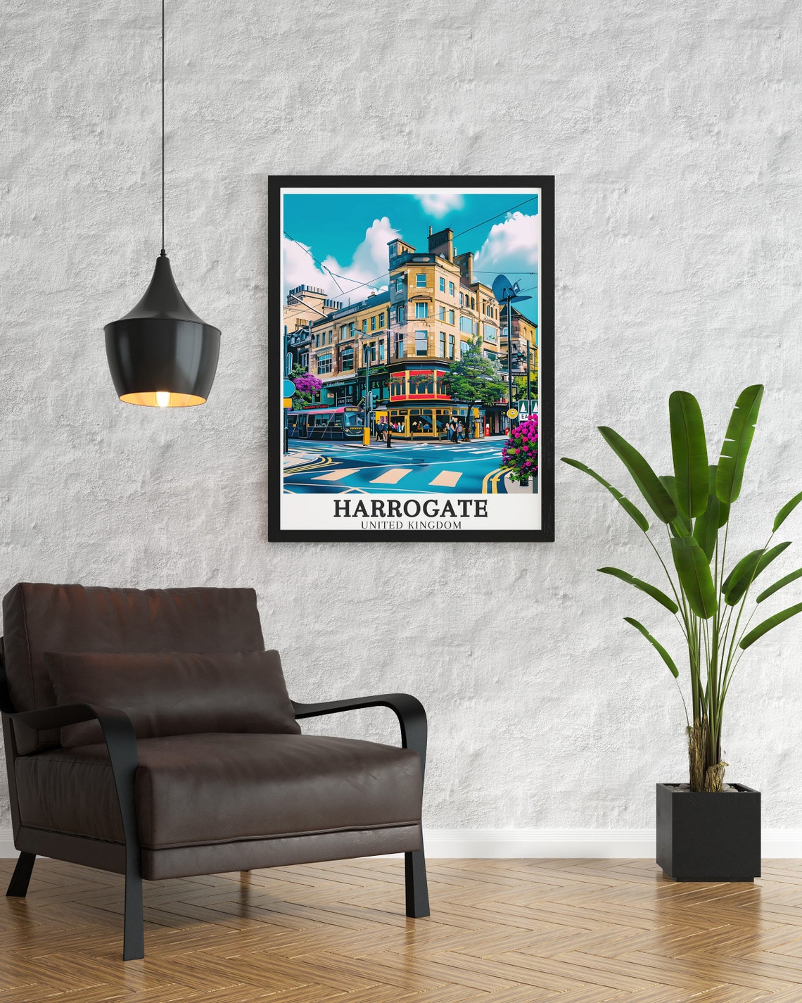 Harrogate United Kingdom Vibrant Tram Corner Street Scene Poster - Image 2