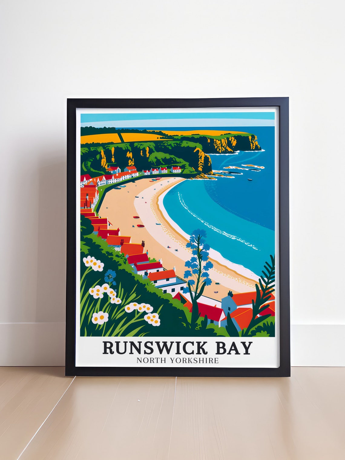 Runswick Bay Crescent Beach Red Roof Cottages Shore View Poster - Image 4