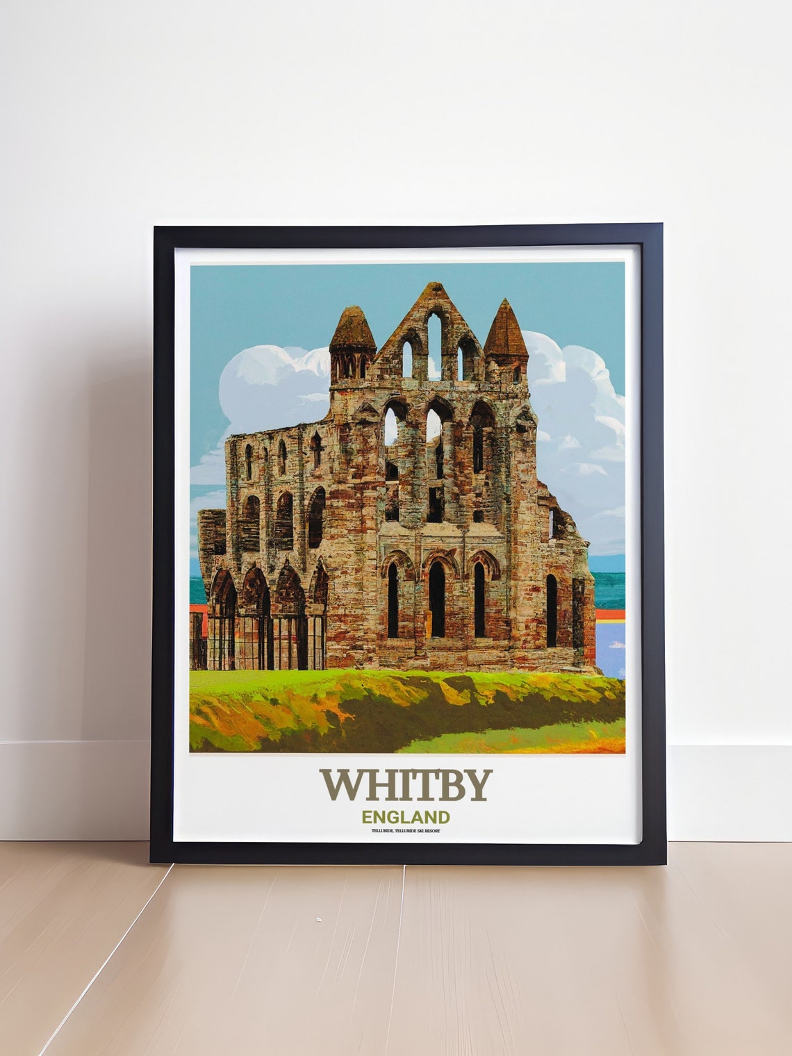 Whitby Abbey Ruins Closeup Stone Facade With Blue Sky Overhead Poster - Image 4