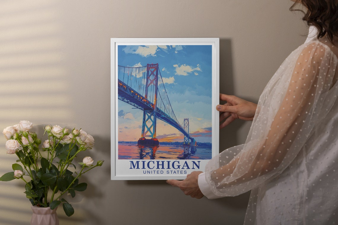Mackinac Bridge Michigan Sunset Towers Over Water View Poster - Image 2