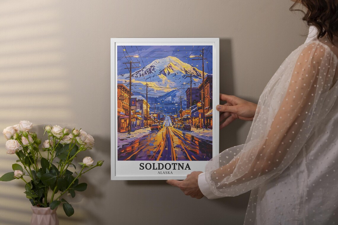 Soldotna Alaska Snowy Mountain Street Winter Glow Travel Poster - Image 3