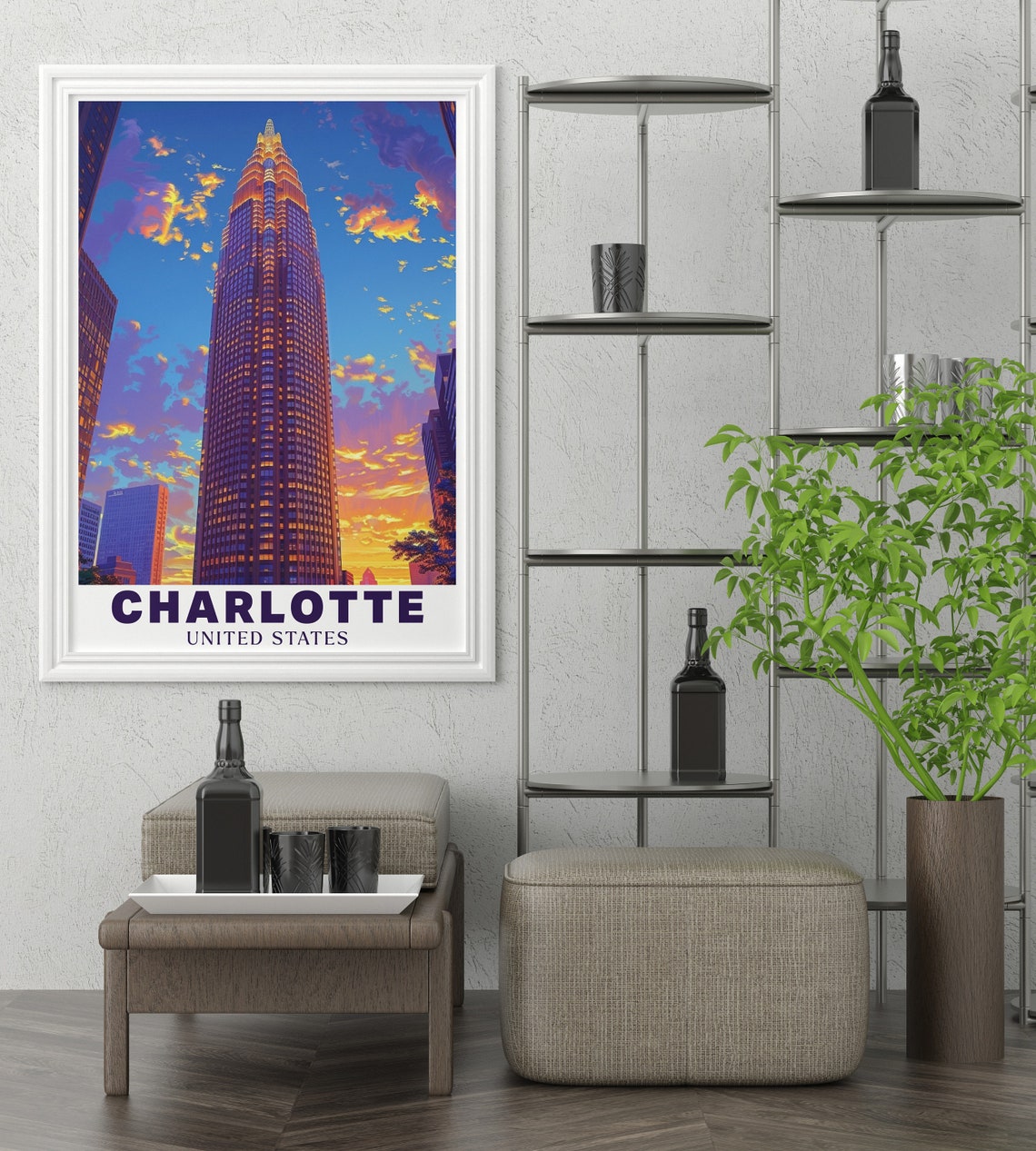 Charlotte Bank of America Tower Sunset Skyscraper Art Poster - Image 3