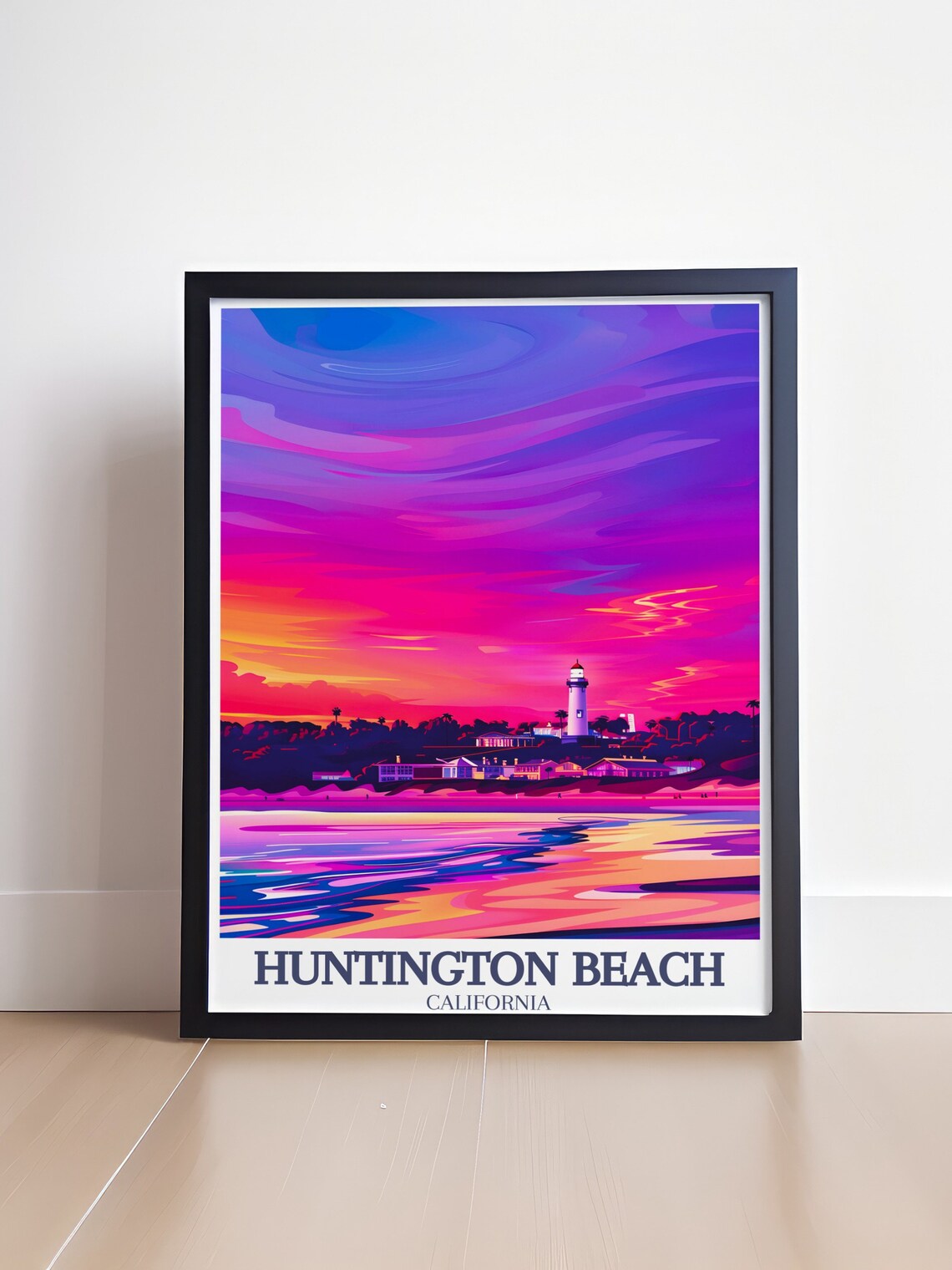 Huntington Beach Lighthouse Under a Neon Sunset Sky Travel Poster - Image 4