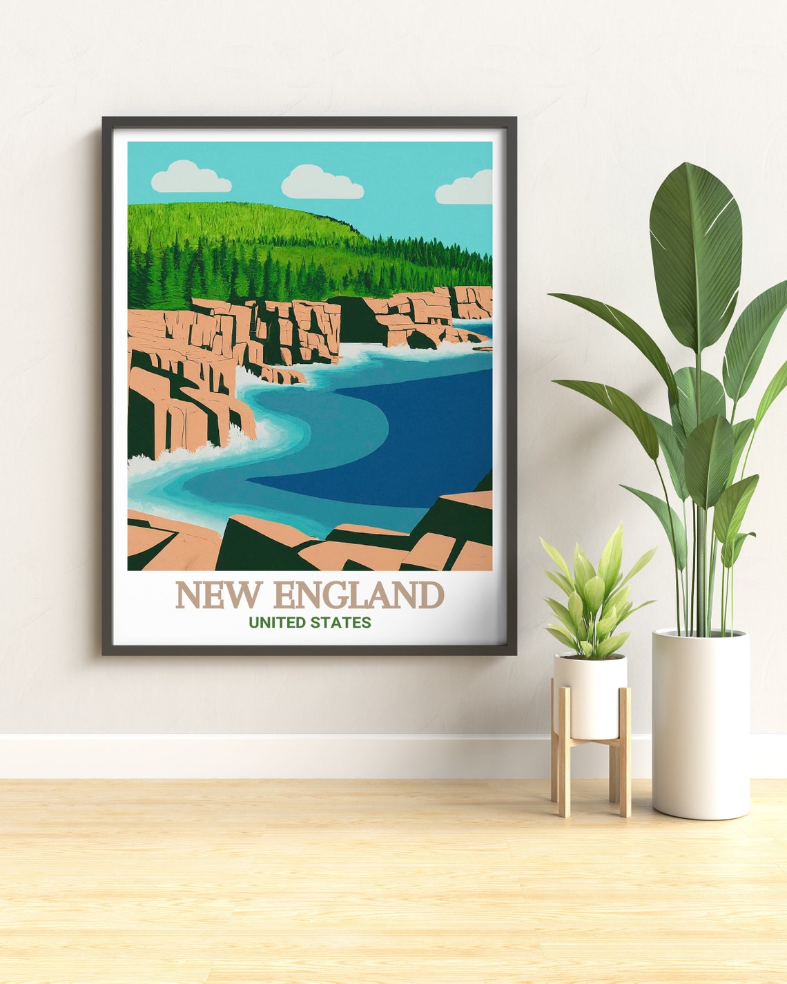 New England Rocky Cliffs Teal Ocean Waves Coastal Travel Poster - Image 3