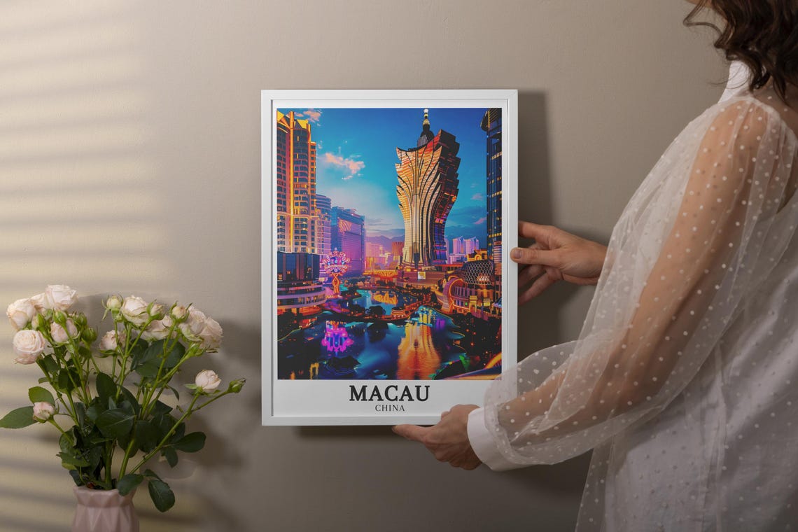 Macau China Cotai Strip Neon Night Skyline with Casino Towers Poster - Image 2