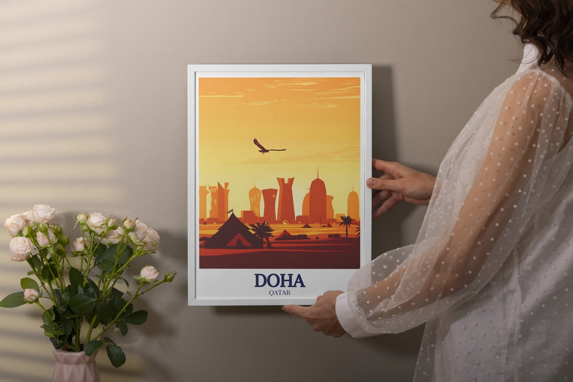 Doha Desert Bedouin Camp Sunset with Falcon and Skyline Poster - Image 2