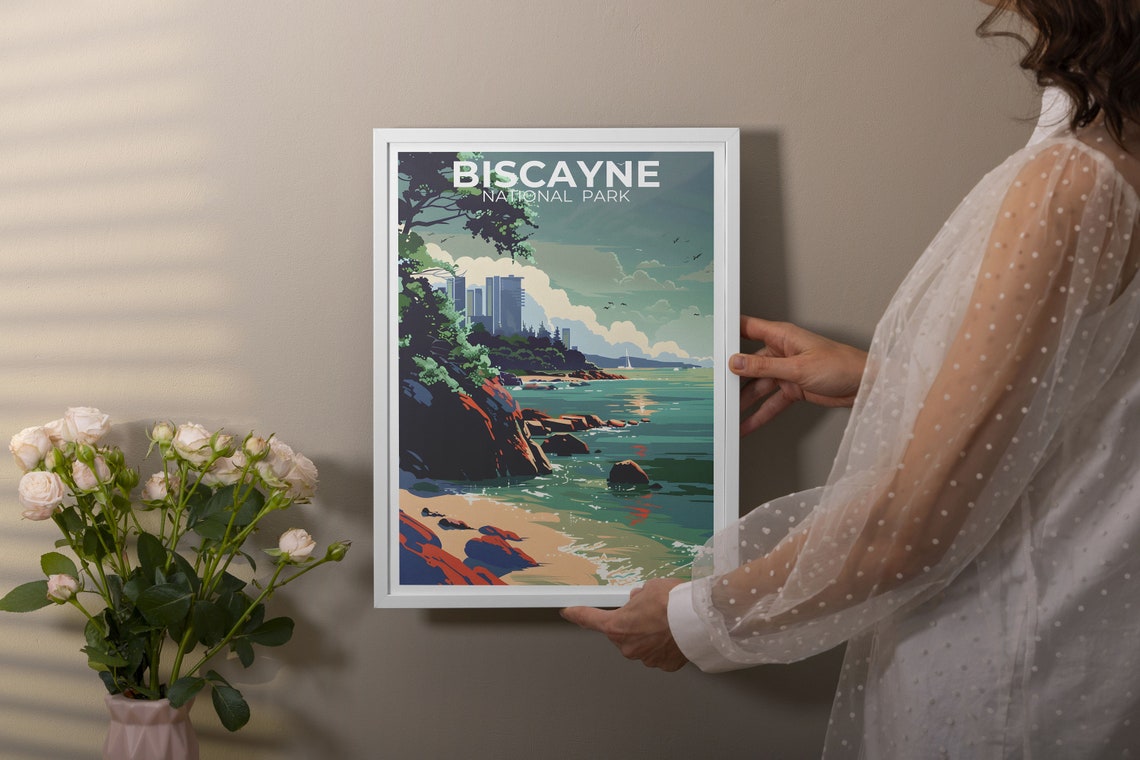 Biscayne National Park Rocky Shore With Distant City Skyline Poster - Image 3