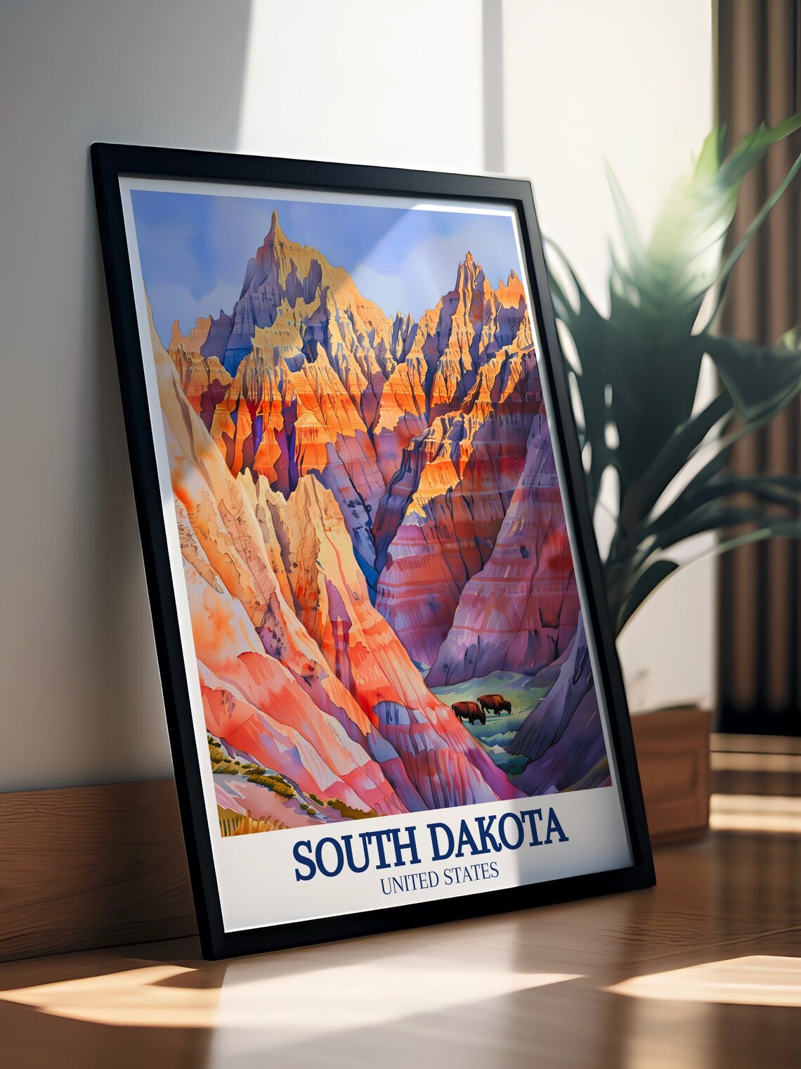 South Dakota Badlands Bison Watercolor National Park Scenic Poster - Image 3